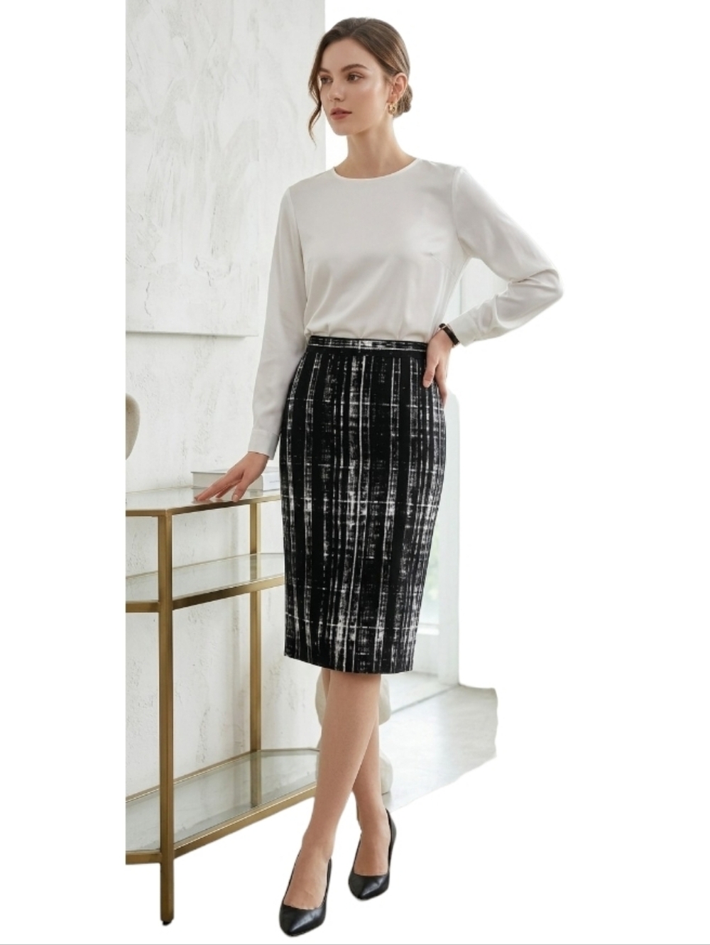 NWOT Banana Republic Pencil Skirt Midi Knee Length Black & White 8